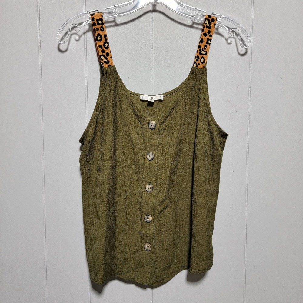 Mine Olive Green Button Front Tank Top Leopard Print Straps TB5207 Womens Medium